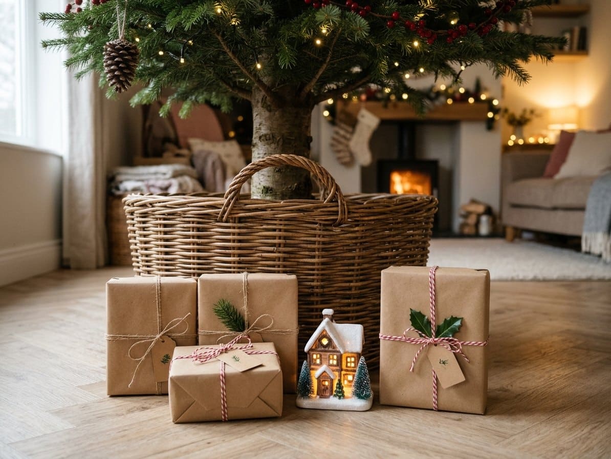 Panier en rotin cachant le pied d'un sapin