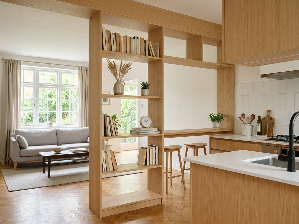 Bibliothèque ajourée séparant la cuisine ouverte du salon
