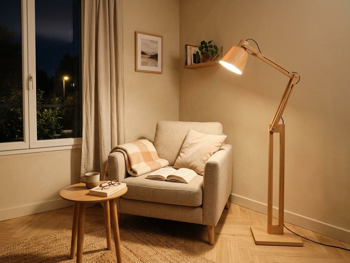 Lampadaire en bois dans un coin lecture avec fauteuil