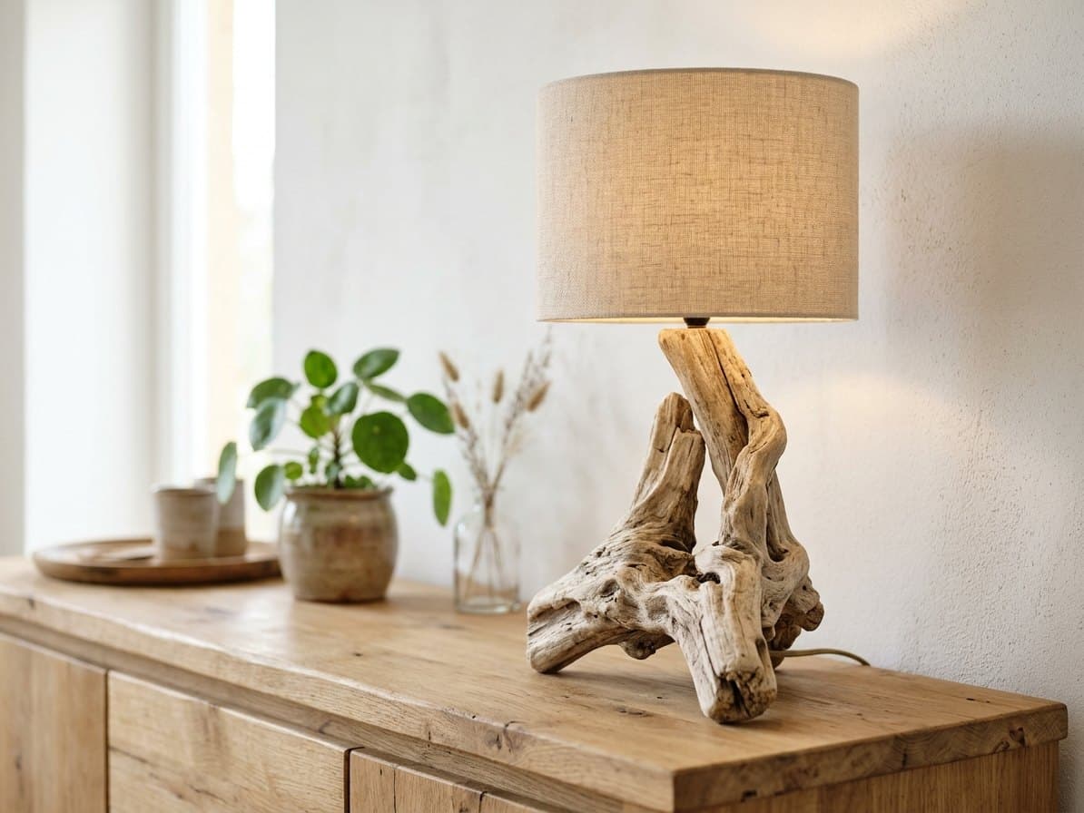 Lampe en bois flotté posée sur un meuble