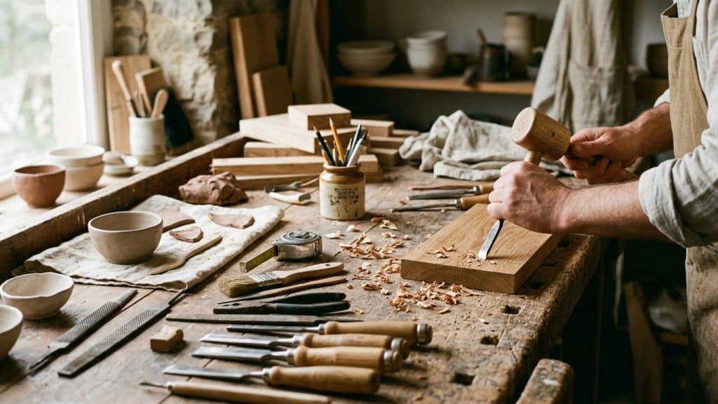 Établi d'atelier avec outils et matières en cours de façonnage, bois et céramique.
