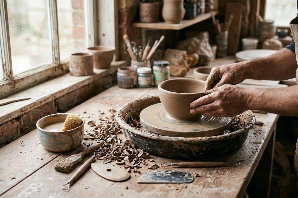 Pièce de céramique en cours de façonnage sur un tour d'atelier.