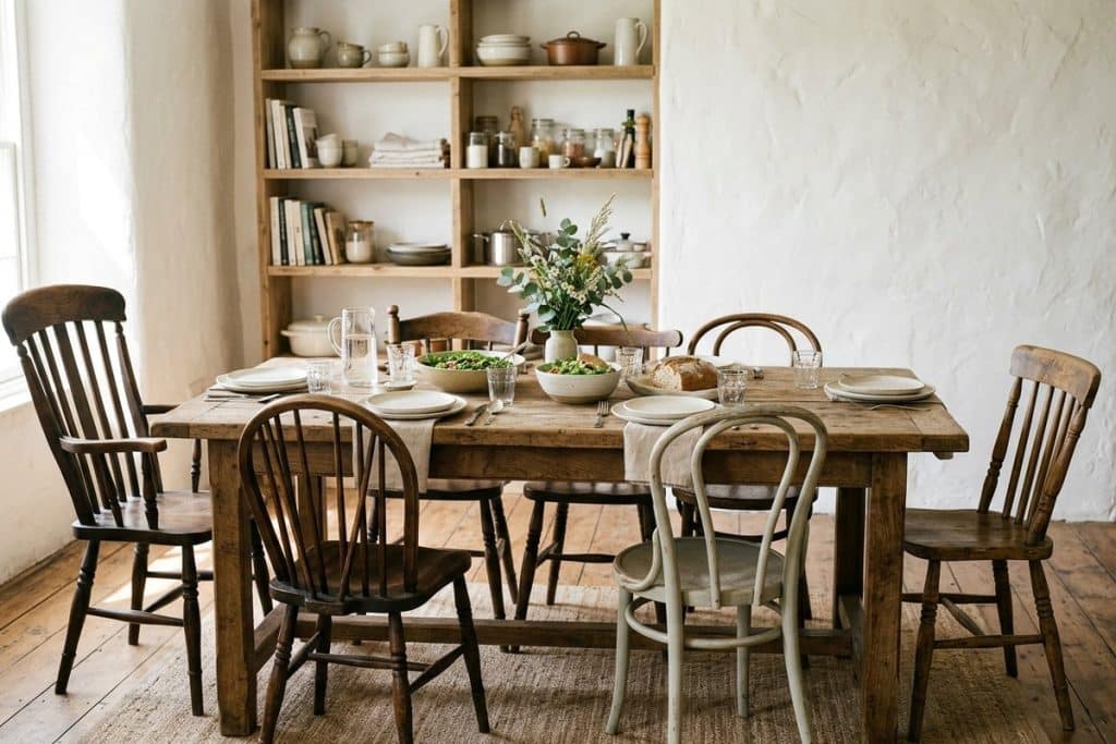 Table en bois massif et chaises dépareillées dans un intérieur épuré aux murs blancs.