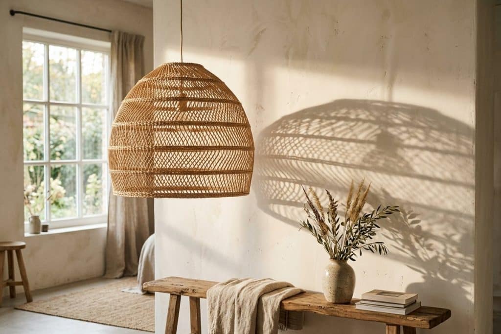 Suspension en rotin tressé diffusant une lumière douce dans une pièce aux murs clairs.