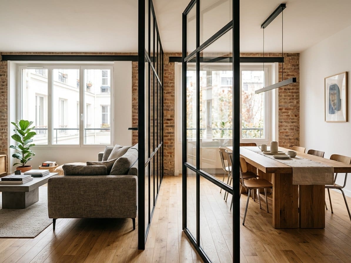 Verrière d'atelier noire entre salon et salle à manger